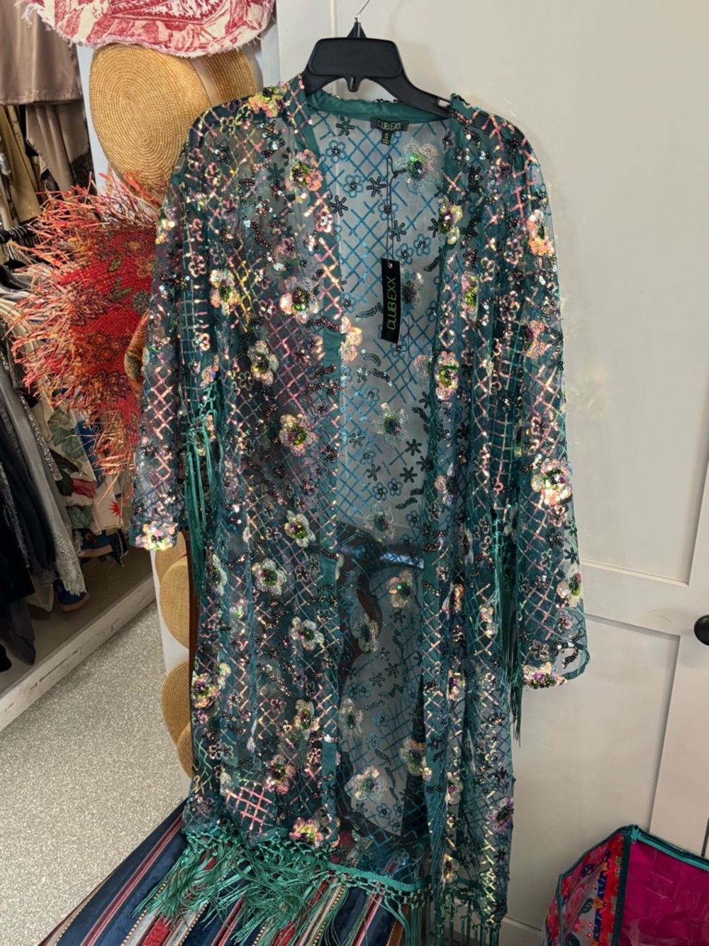 CLUB EXX DOLLSKILL- Embellished Teal Sheer Kimono Cardigan with Fringe